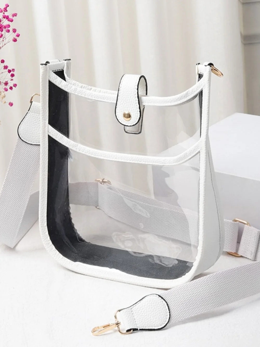 White Trim Transparent Clear Cross Body Bag Purse Casual Womens Accessory